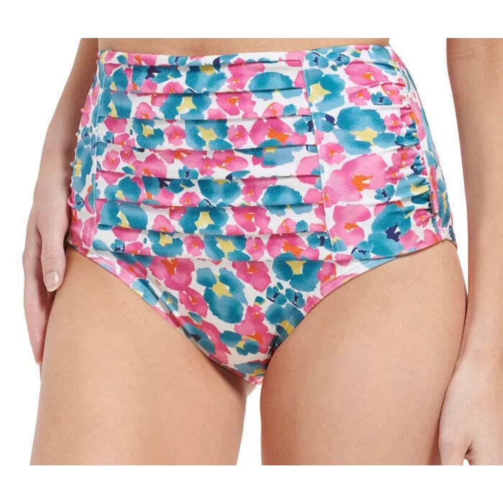Calvin Klein Cypress Shimmer Floral Print Pleated High Waist Bikini Bottom S NWT